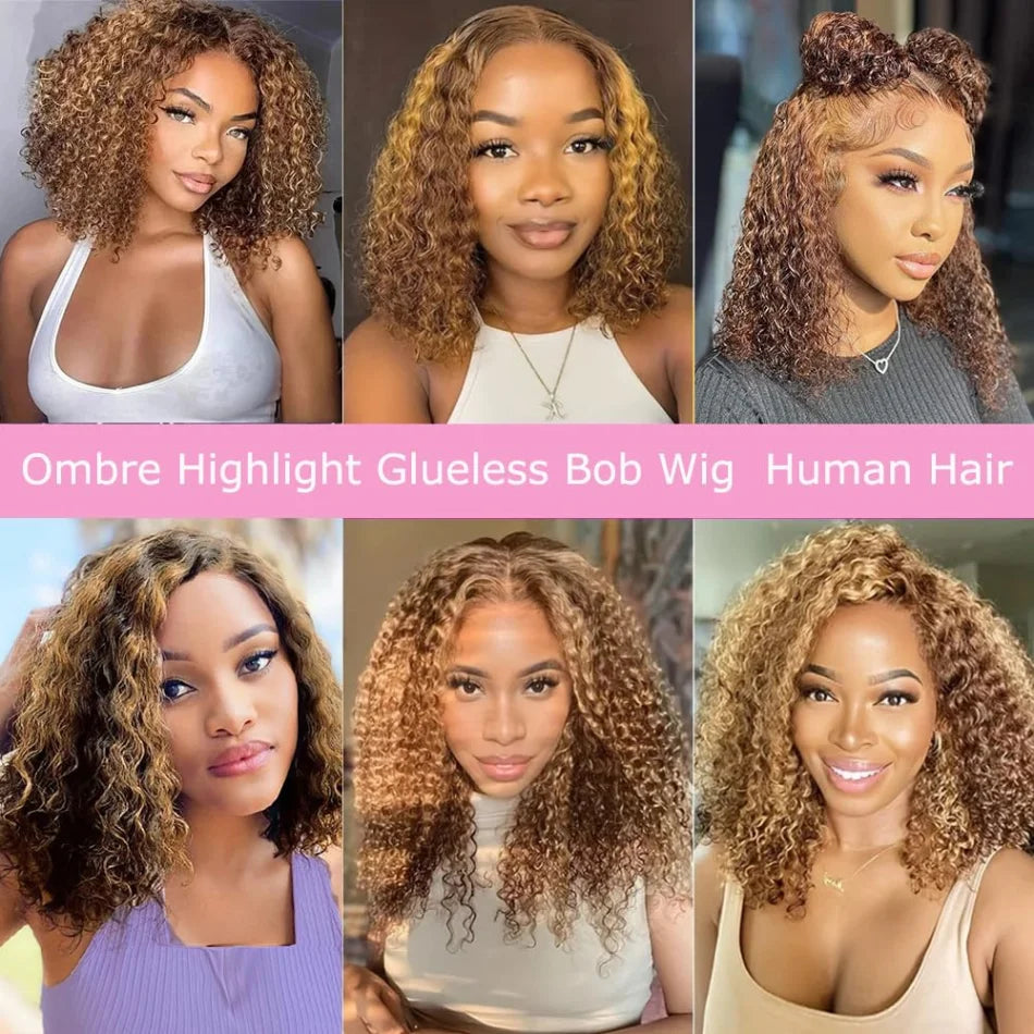 Highlight Ombre Bob Wig Human Hair 
100% Curly Short 5X5 Lace Closure Wig Honey Blonde Colored Glueless Deep Wave Frontal Wigs