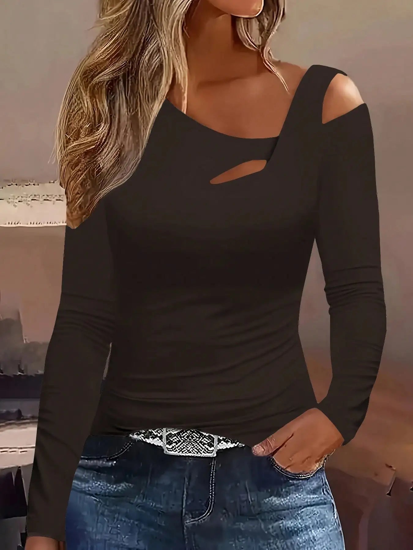 Hollow Out Asymmetric Shoulder Long Sleeve T-Shirt