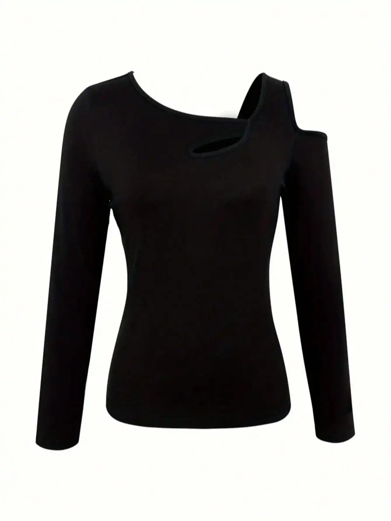 Hollow Out Asymmetric Shoulder Long Sleeve T-Shirt