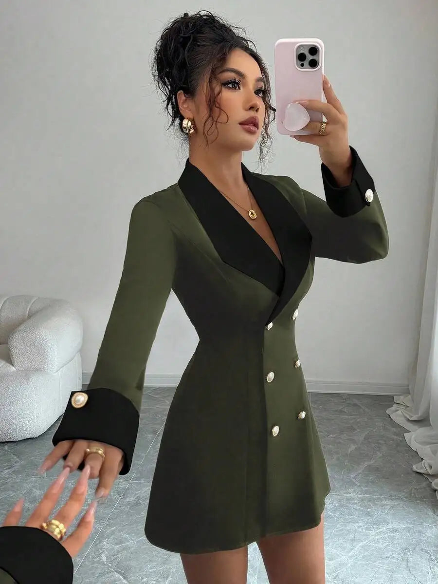 Black & WHITE Blazer Gold Buttons, Long Sleeve V-Neck Mini Dress