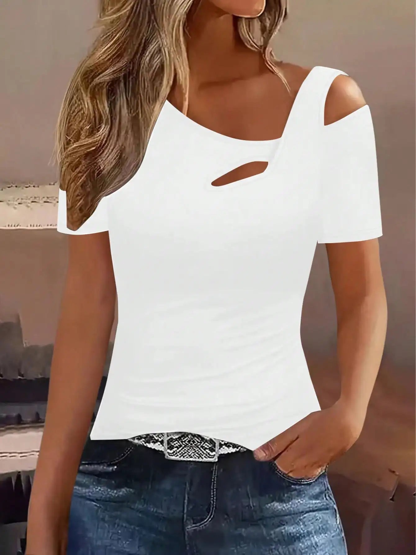 Hollow Out Asymmetric Shoulder Long Sleeve T-Shirt