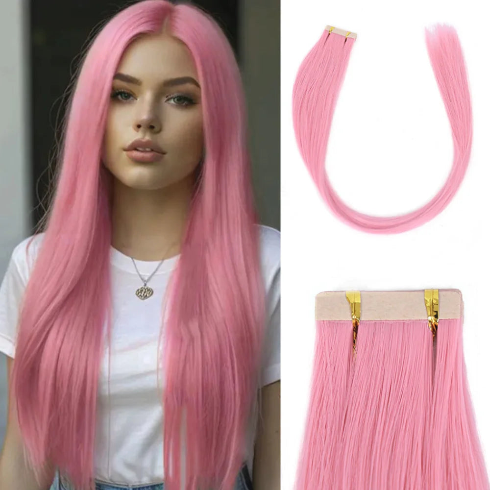 Seamless Invisible Tape in Red Hair Extensions for Women 24 inch Straight 
Colored Soft Synthetic Hair for Party Halloween Use