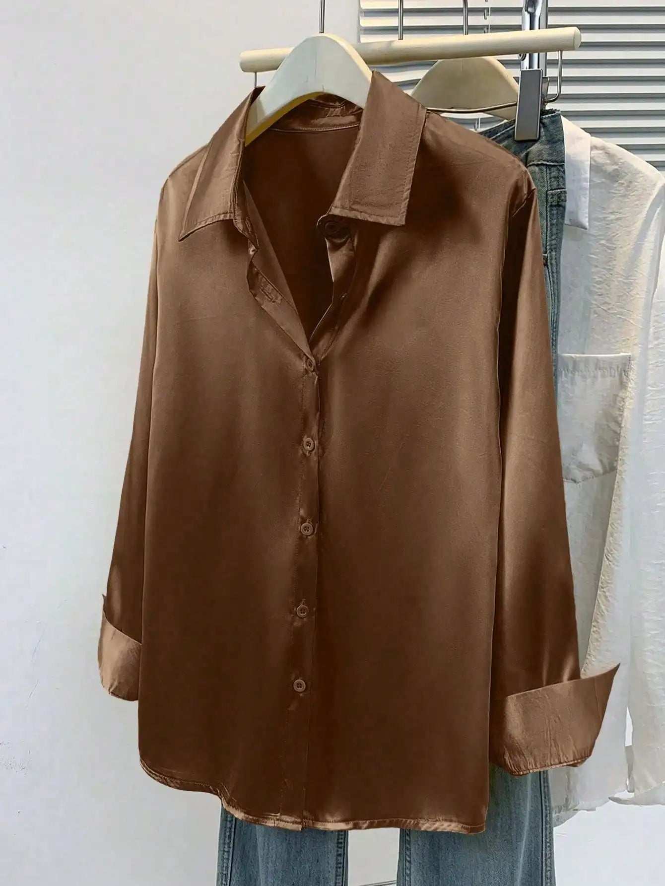 Women's Satin Button-Up Blouse, Elegant Collared Shirt