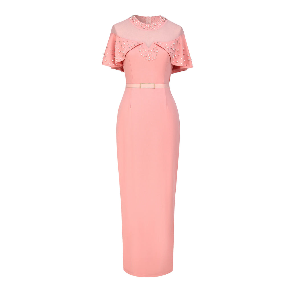 Elastic Dress Beaded Shawl Sleeves, Belted, Slimming Long Skirt