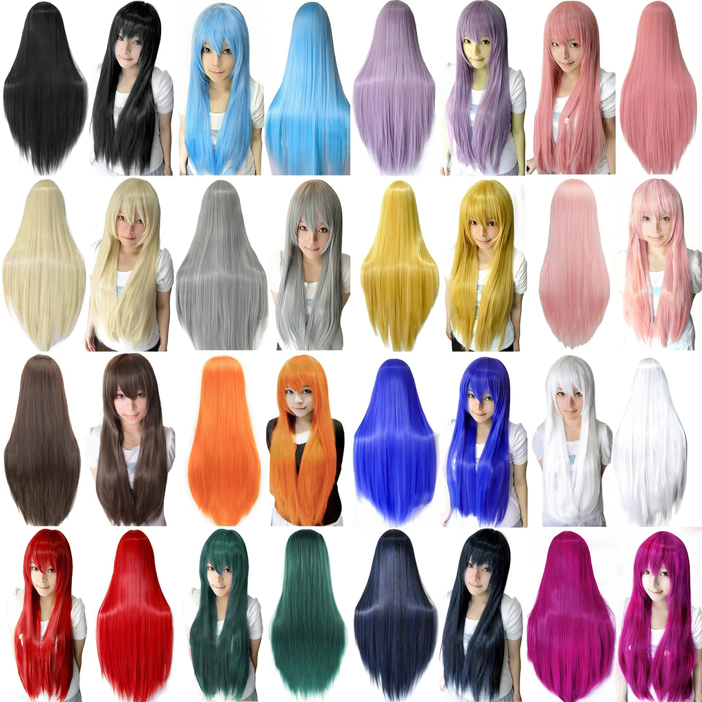 80cm Straight Synthetic Cosplay Wig White Purple Green Silver Pink Lolita Hairpiece with Bangs Long Wigs