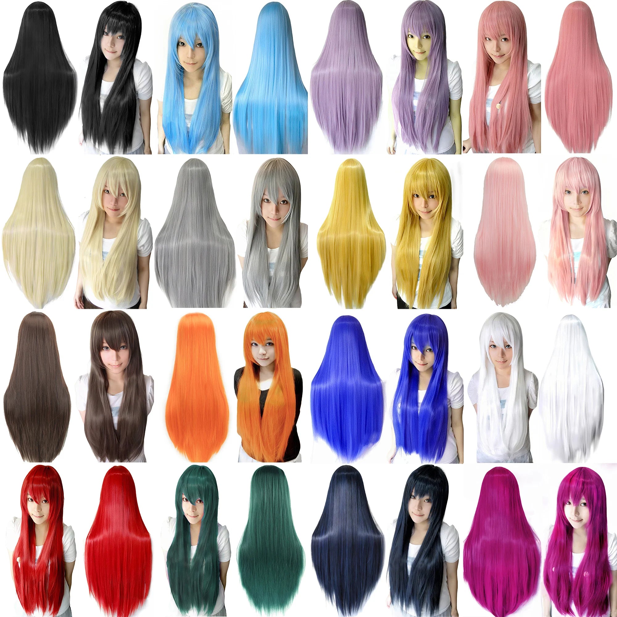 80cm Straight Synthetic Cosplay Wig White Purple Green Silver Pink Lolita Hairpiece with Bangs Long Wigs