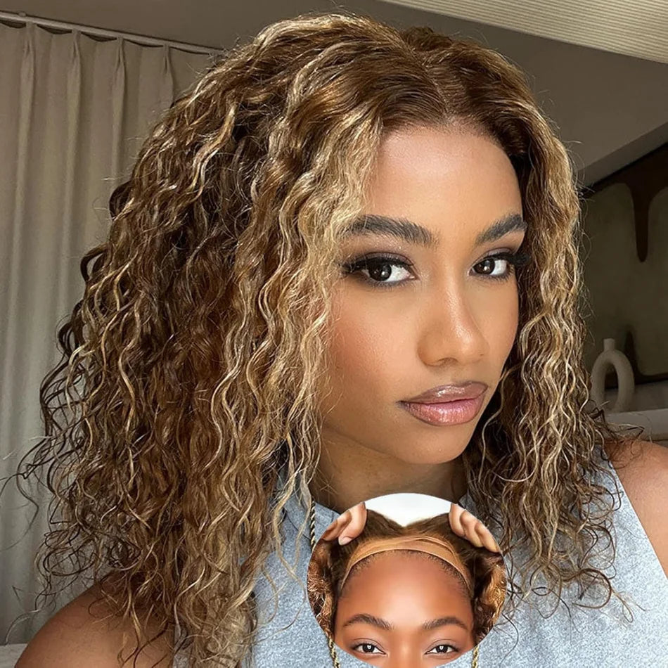 Highlight Ombre Bob Wig Human Hair 
100% Curly Short 5X5 Lace Closure Wig Honey Blonde Colored Glueless Deep Wave Frontal Wigs
