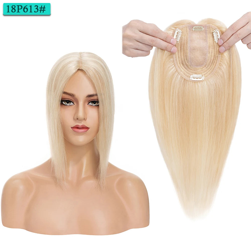 10x12cm Women Human Hair Toppers Silk Base Straight
 4 Clips In Hair Piece Brown Blonde