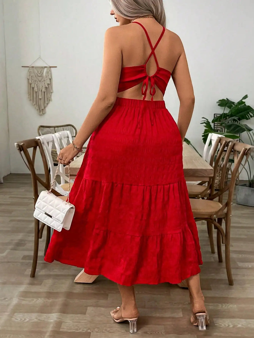 Red Plus Size Halter Maxi Dress with Ruffle Hem