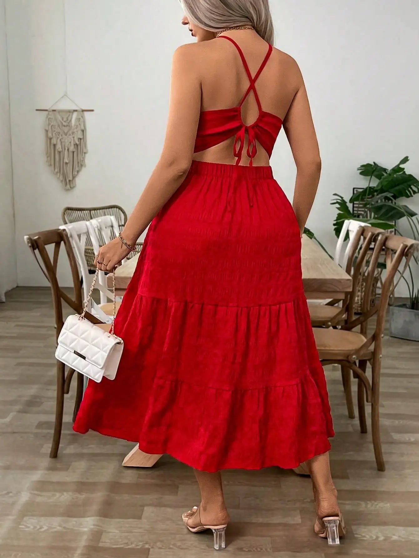 Red Plus Size Halter Maxi Dress with Ruffle Hem