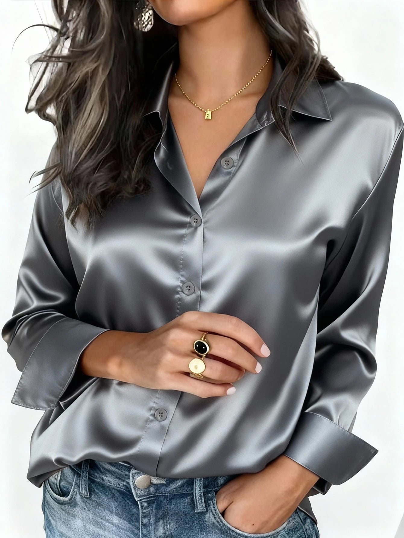 Women's Satin Button-Up Blouse, Elegant Collared Shirt