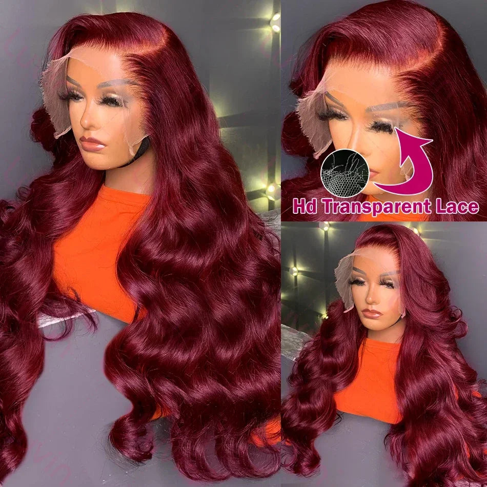 99j Burgundy 13x6 HD Lace Frontal Human Hair Wig 30 40 Inch Body Wave 
Lace Front Wigs 250 Density Red Colored Pre Plucked Wig
