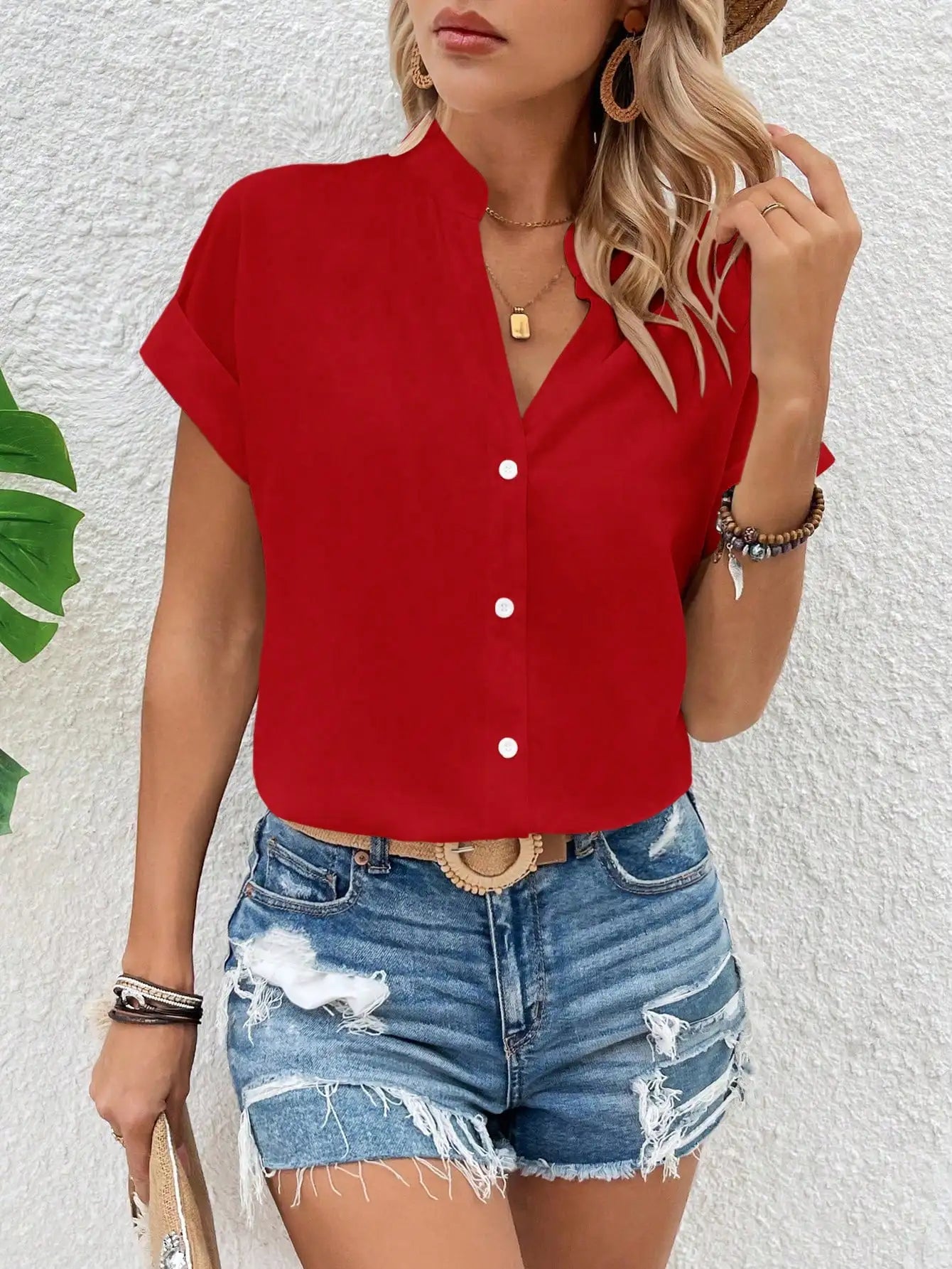 V-Neck Short Sleeve Button Down Shirt