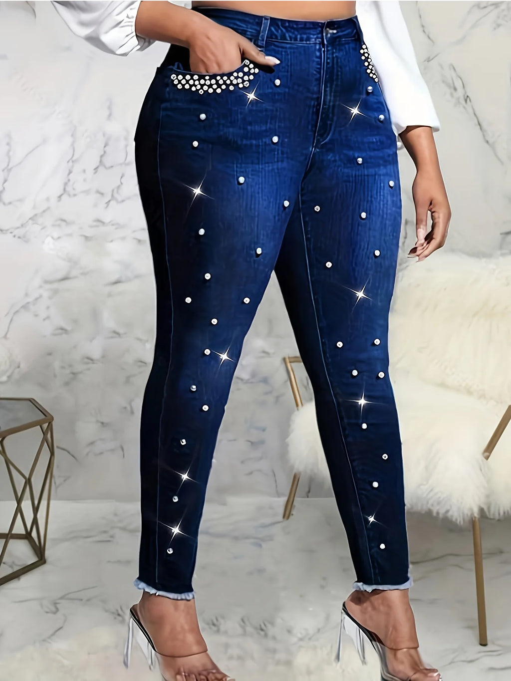 sequin diamond embroidered deep blue denim, skinny jeans