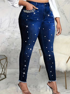 sequin diamond embroidered deep blue denim, skinny jeans