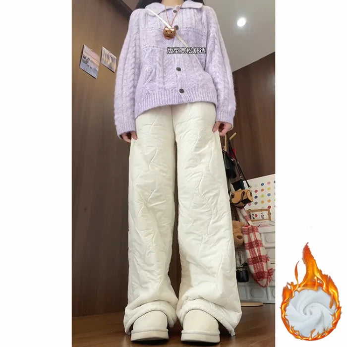 Blue Velvet Fleece Lined Casual Wide Leg Pants Women's