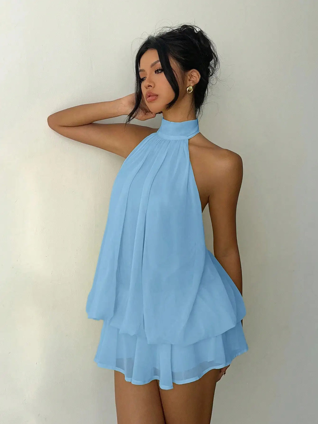 Light Blue Halter Neck Backless Mini Dress  Layered Ruffles
