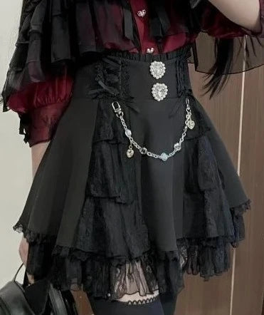 Lolita Style Mini Skirt Women Elegant Lace Metal Buckle Skirt