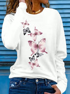 Women's Long Sleeve Butterfly Print T-Shirt, Round Neck Top