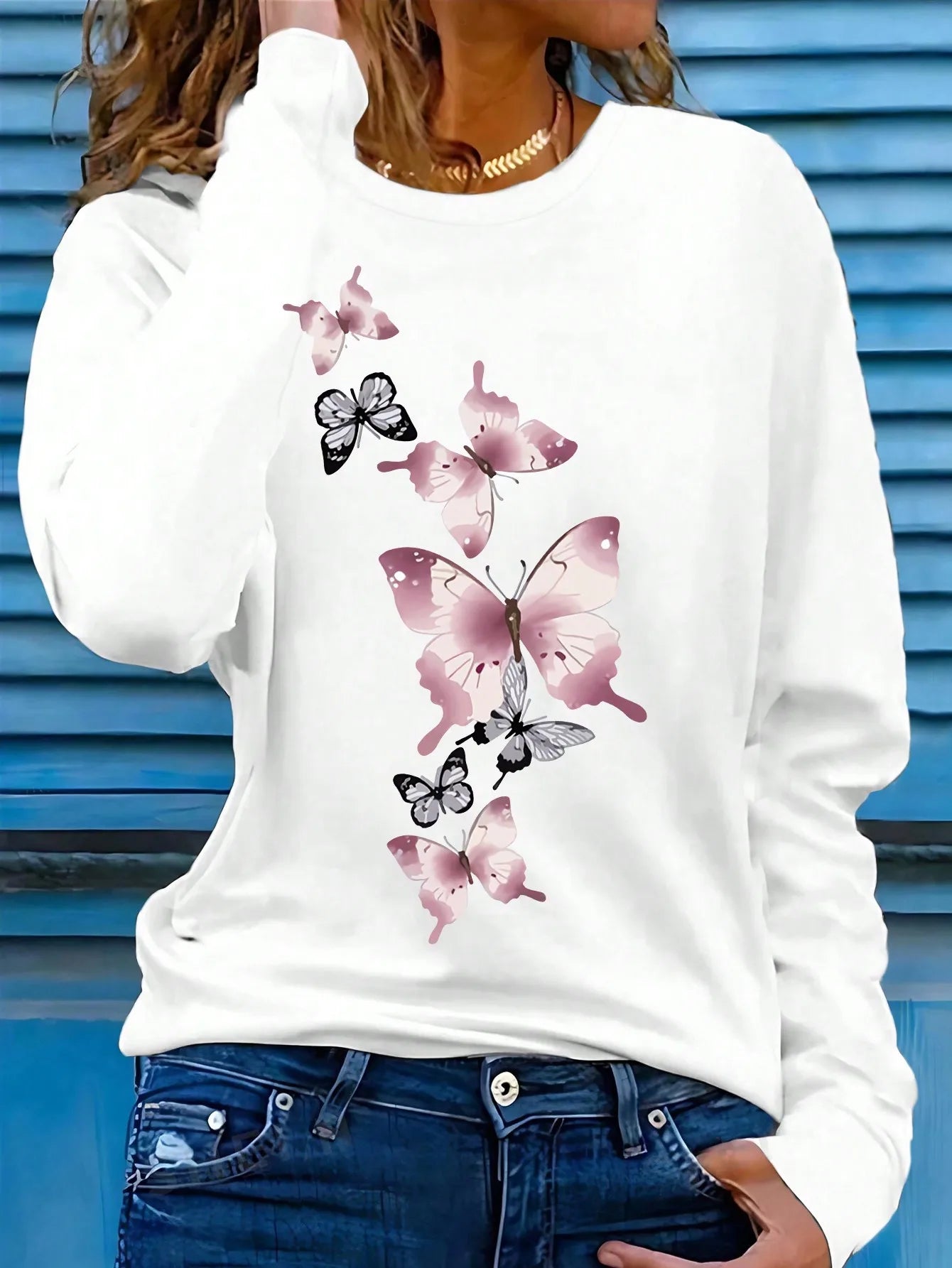 Women's Long Sleeve Butterfly Print T-Shirt, Round Neck Top
