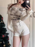 Luxury Fur Graphic Long sleeve T shirt Off shoulder White Shirt