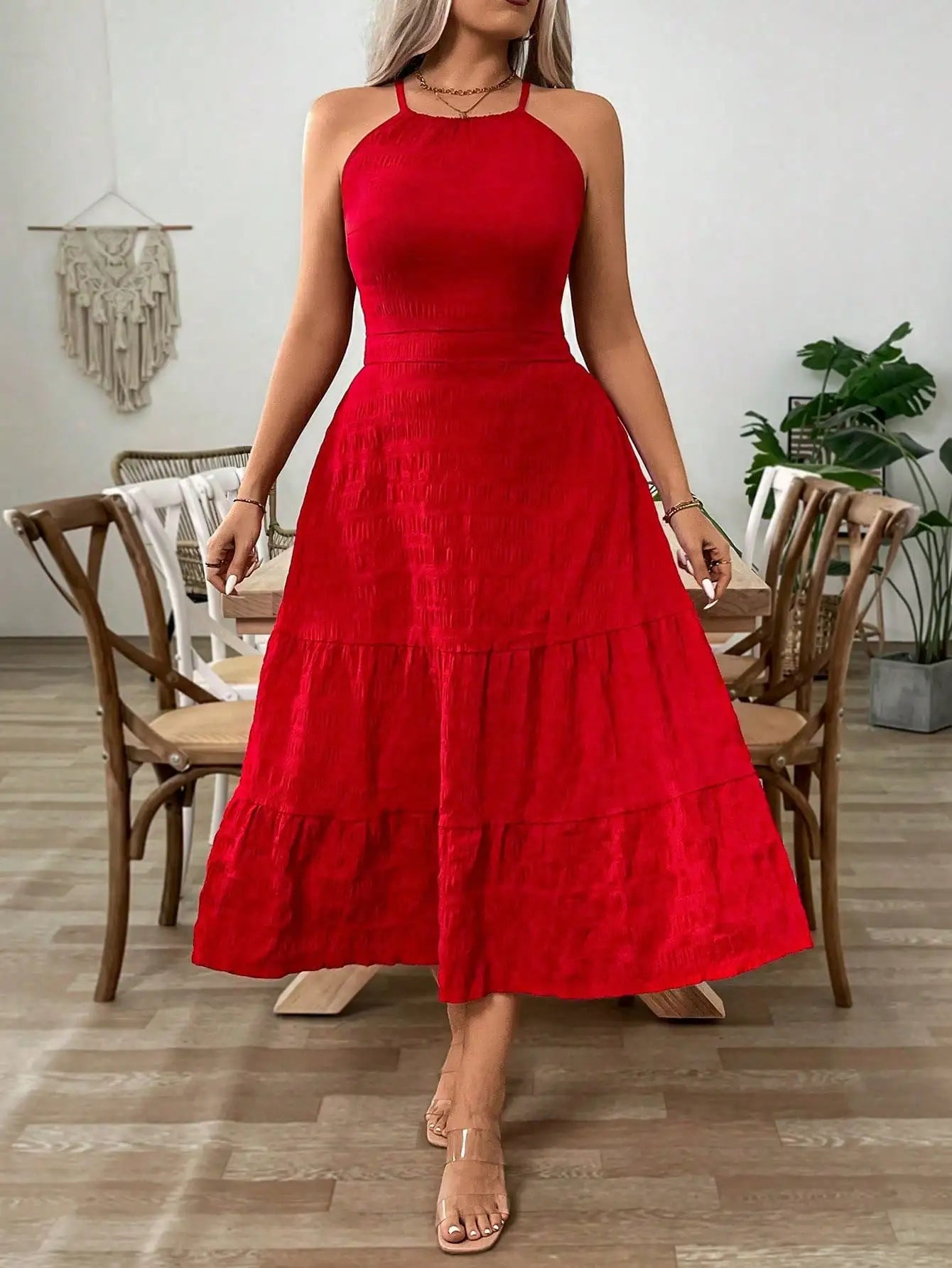 Red Plus Size Halter Maxi Dress with Ruffle Hem