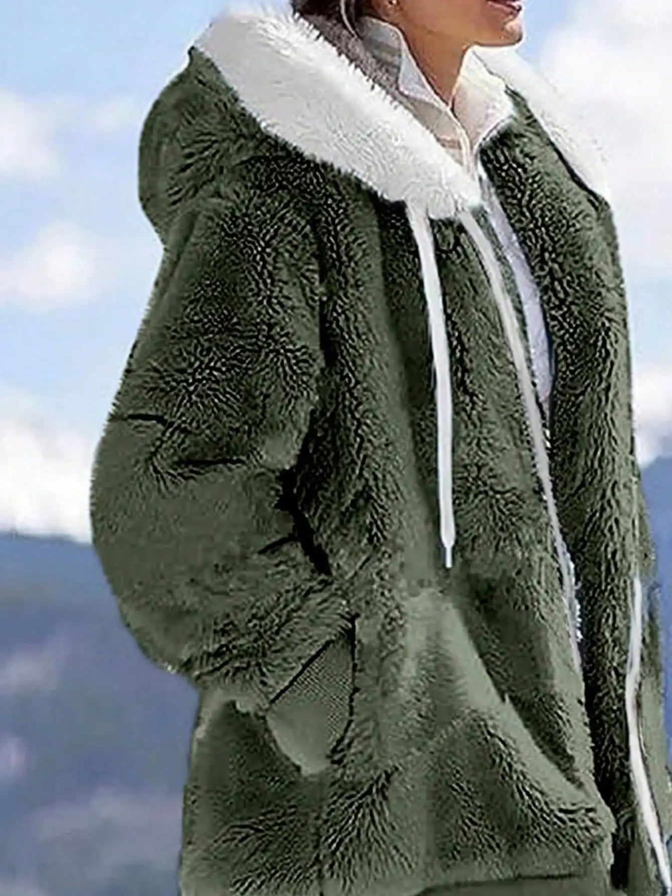 Loose Plush Zipper Hooded Jacket For Women