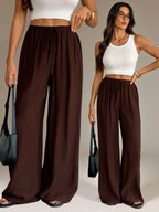 Women Wide Leg Pants Casual High Waist Elastic Drawstring Black