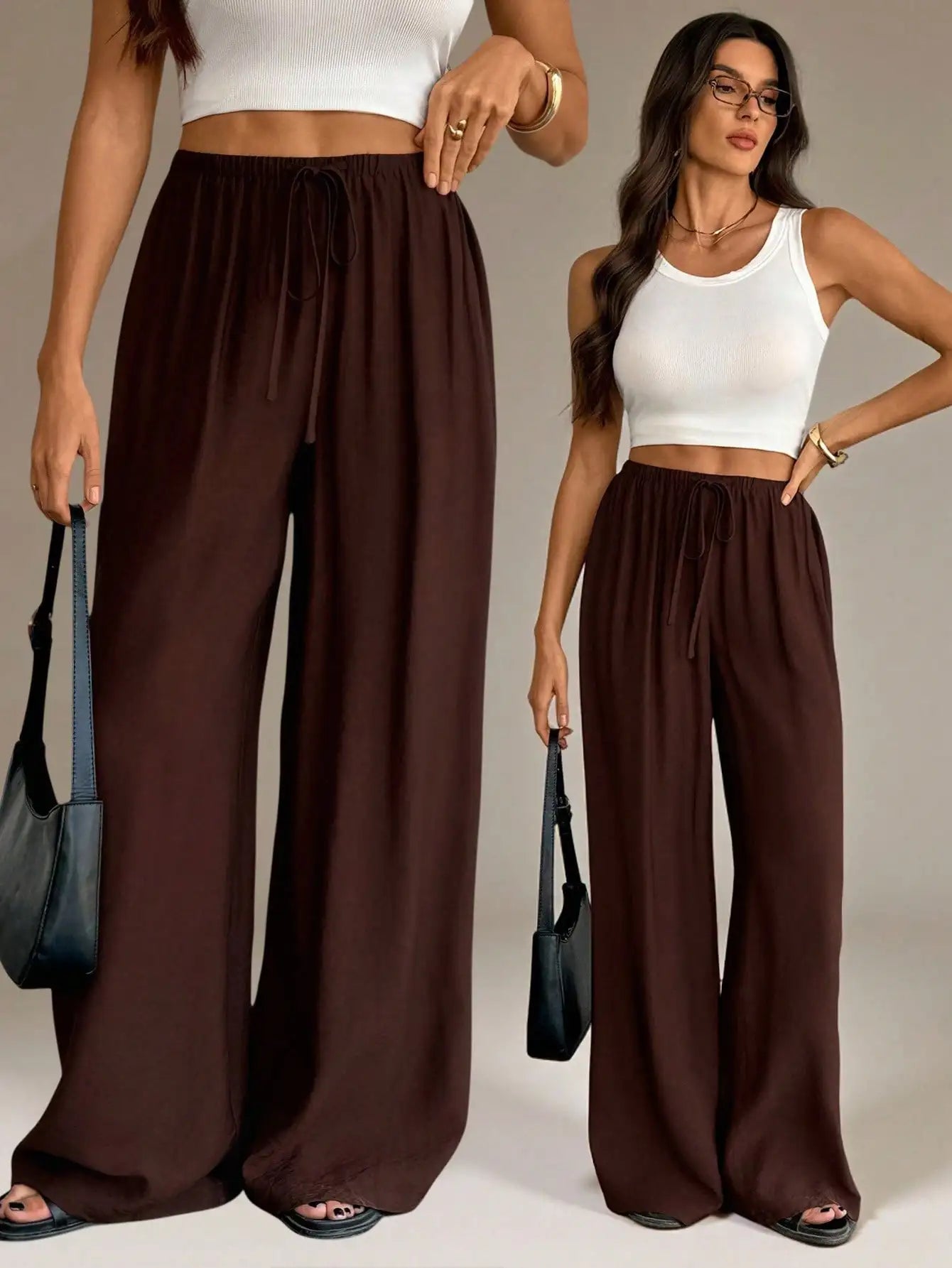 Women Wide Leg Pants Casual High Waist Elastic Drawstring Black