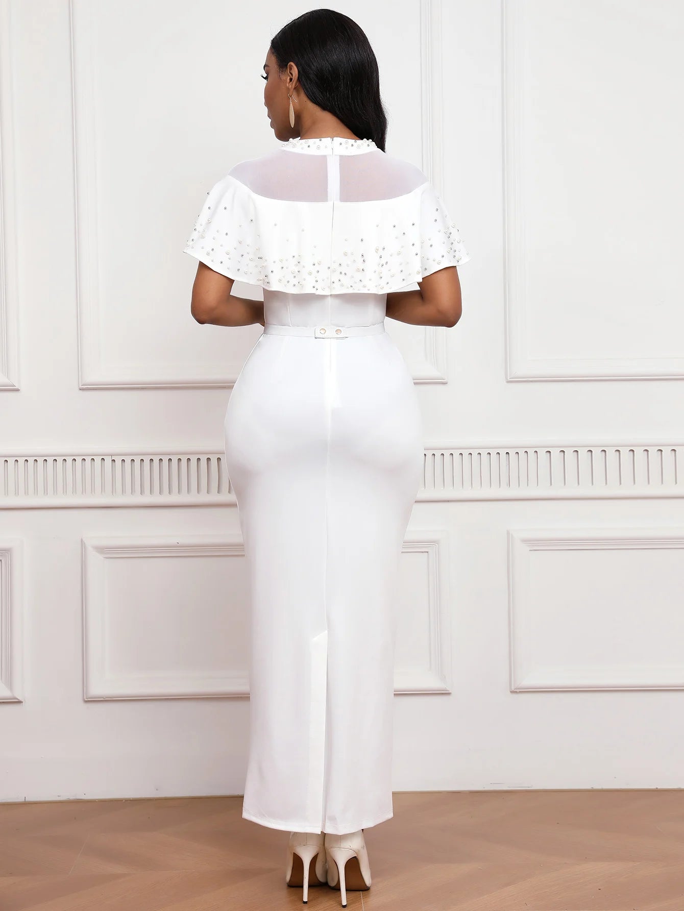 Elastic Dress Beaded Shawl Sleeves, Belted, Slimming Long Skirt