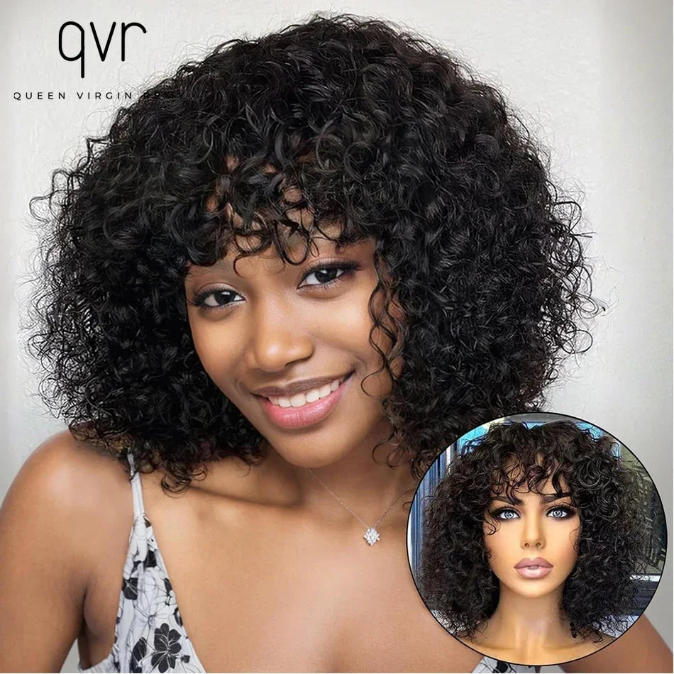 Curly Human Hair Wigs Full Machine Made for Women 
Short Bob With Bangs Affordable Natural Black Hairline Styling Ready