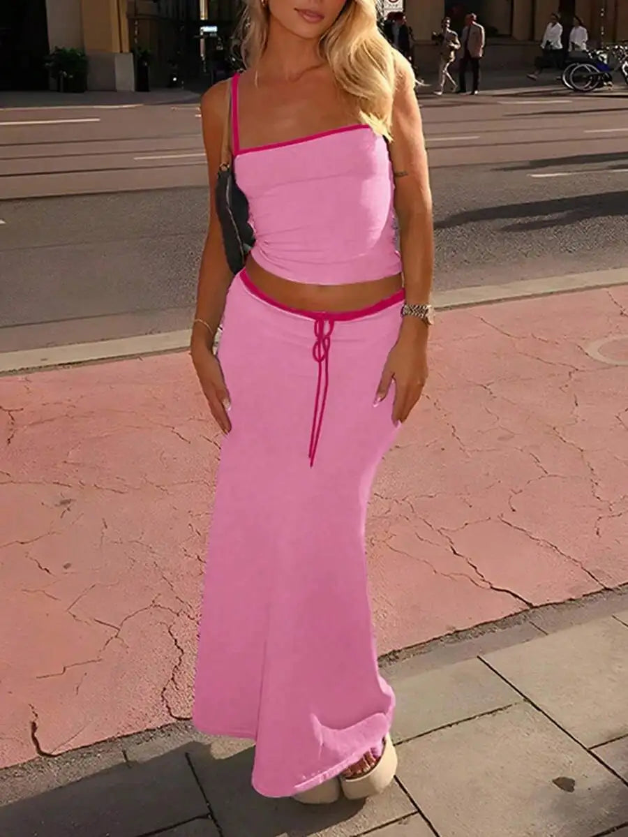 2-Piece Solid Color Crop Top  Maxi Skirt Set