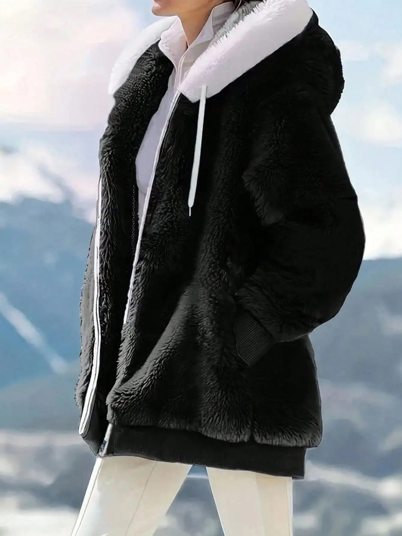 Loose Plush Zipper Hooded Jacket For Women