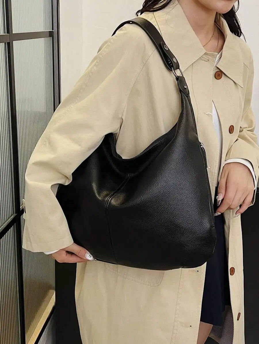 Black Faux Leather Shoulder Bag  Zipper Closure