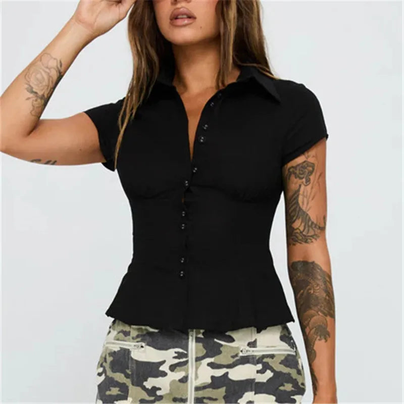 Button-up Shirt 90s Vintage Cottage Short Sleeve Lapel