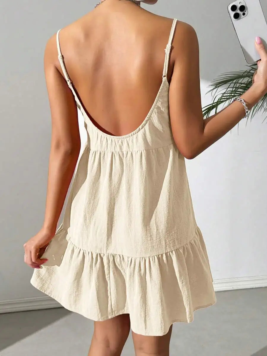 Backless Camisole Dress Ruffle Hem, Mini Dress