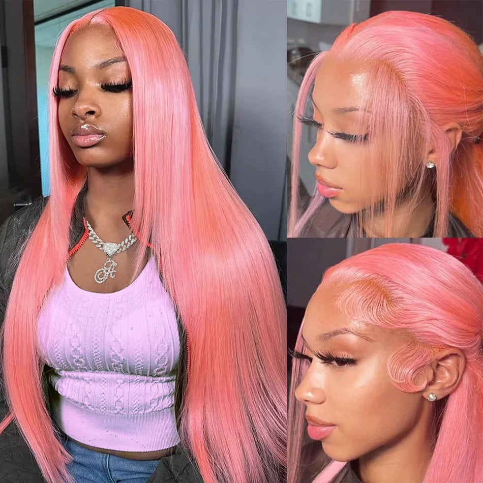 Pink Human Hair Wig Colored Body Wave Lace Front Wig
 13X6 Lace Frontal Wig 250 Density Brazilian Wig Original 40 Inch Natural