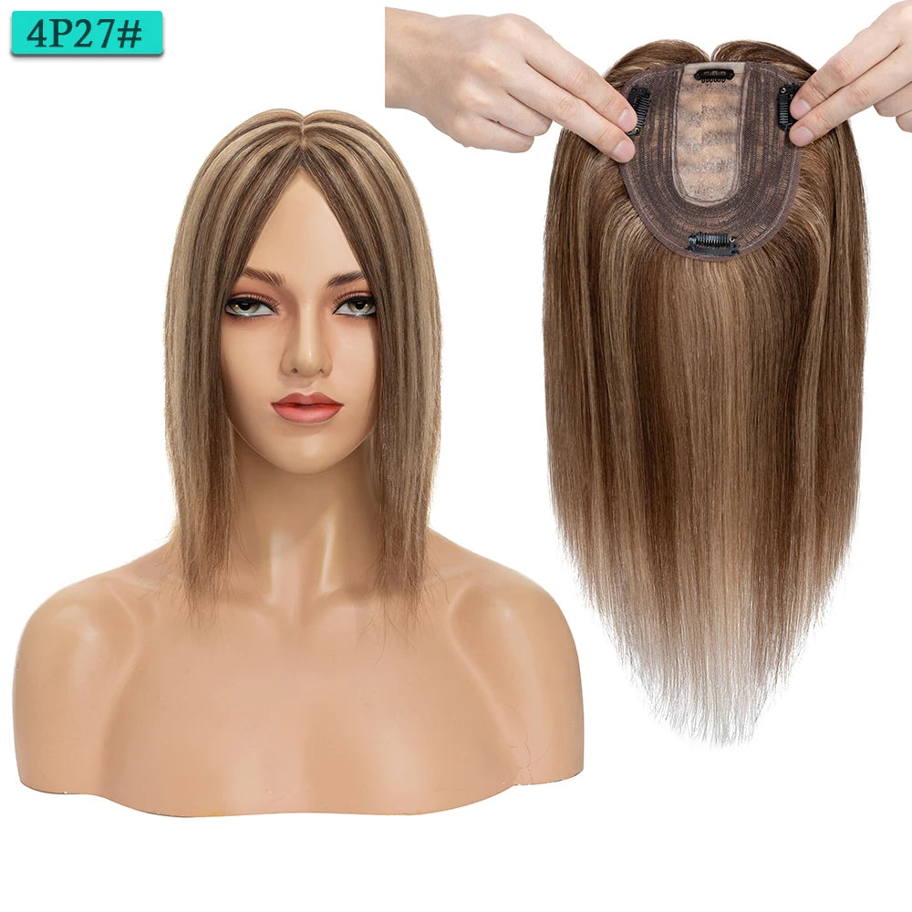 10x12cm Women Human Hair Toppers Silk Base Straight
 4 Clips In Hair Piece Brown Blonde