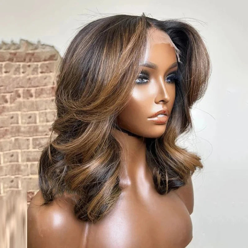 4/27 Highlight 13*4 Body Wave Glueless Closure100% Human Hair 
Frontal Wigs Ombre Brown Mix Blonde Water Wave Short Bob Wig