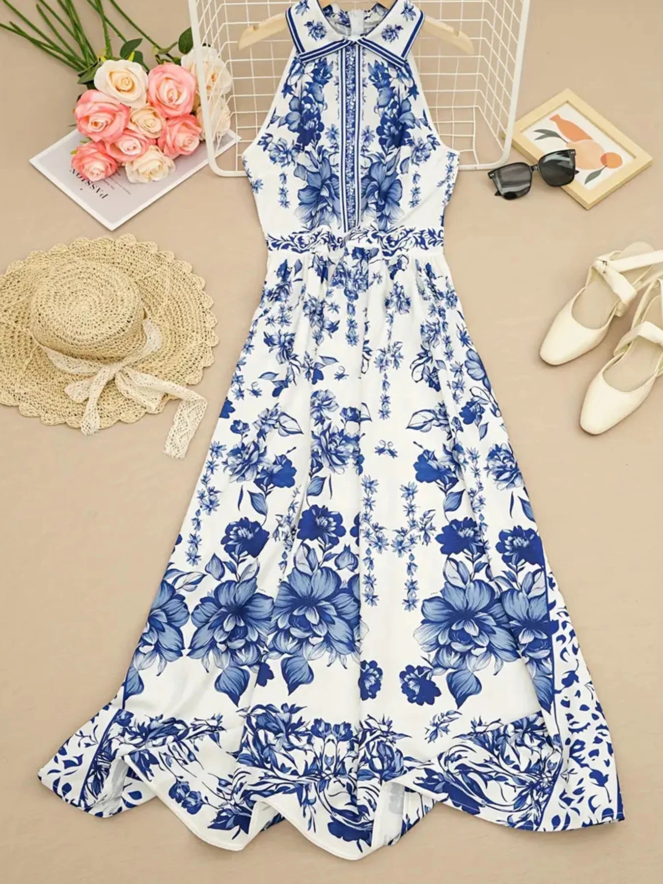 Blue and White Floral Print Women's Long A-Line Dress