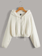 Fuzzy Hooded Zip-Up Cropped Jacket with Drawstring