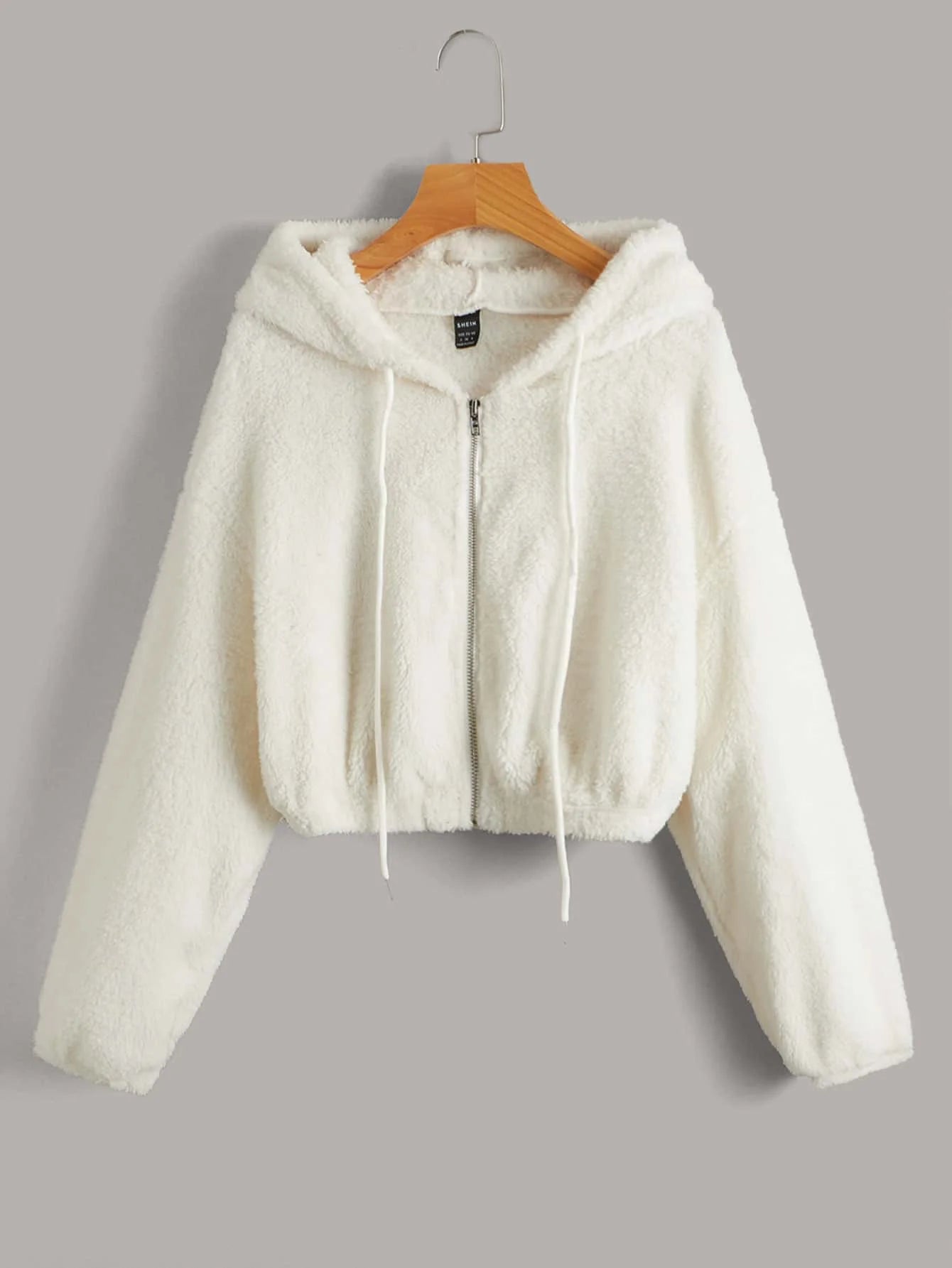 Fuzzy Hooded Zip-Up Cropped Jacket with Drawstring