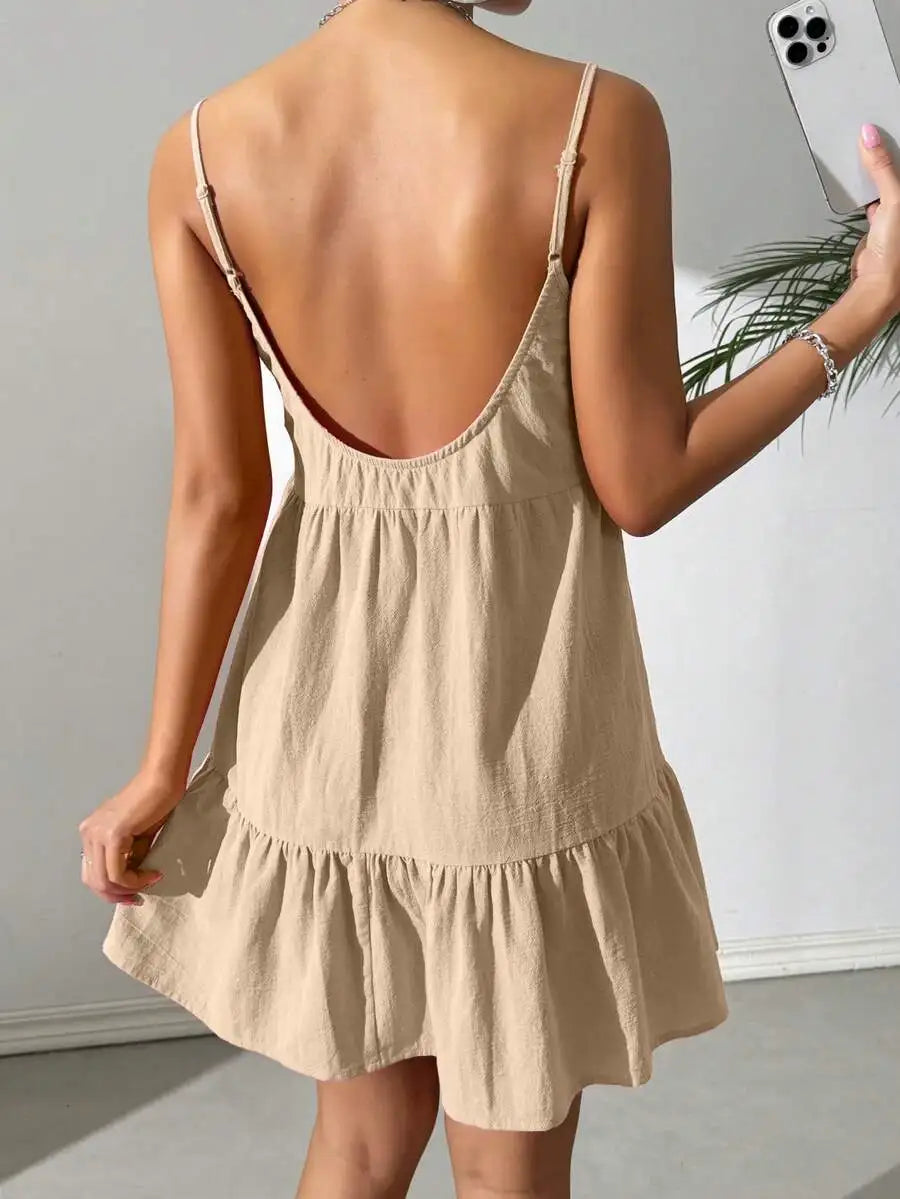 Backless Camisole Dress Ruffle Hem, Mini Dress