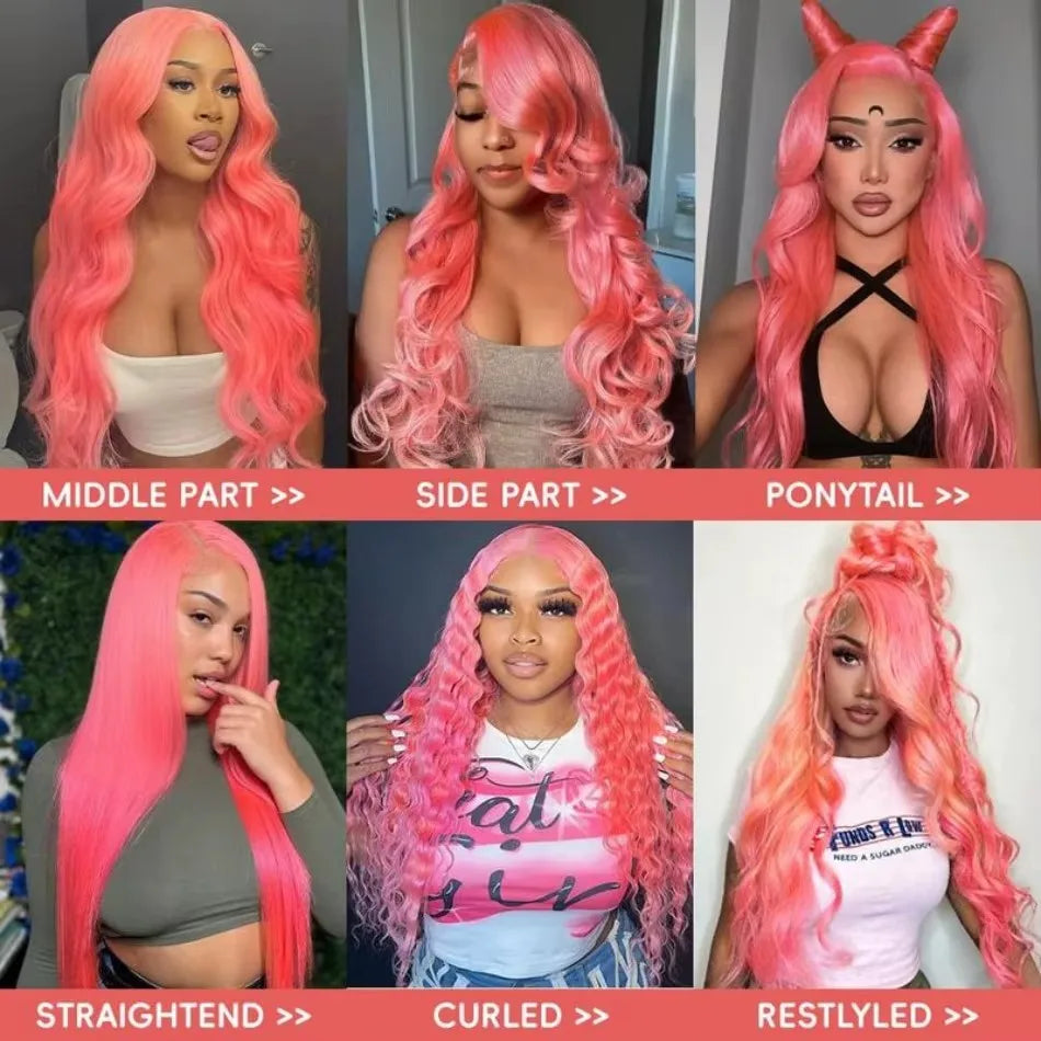 Pink Human Hair Wig Colored Body Wave Lace Front Wig
 13X6 Lace Frontal Wig 250 Density Brazilian Wig Original 40 Inch Natural