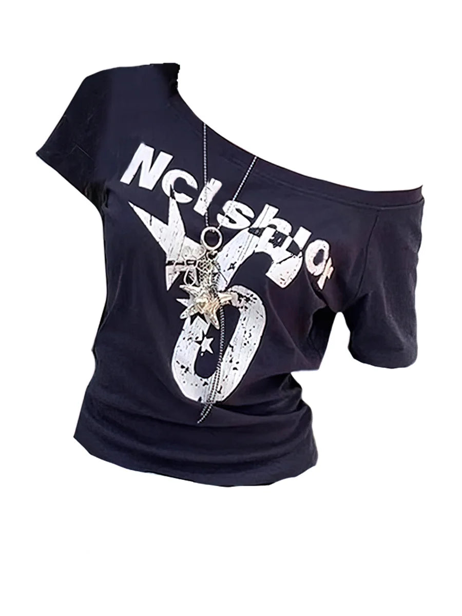 Y2k Sport Off shoulder Top Women Short sleeve T shirt