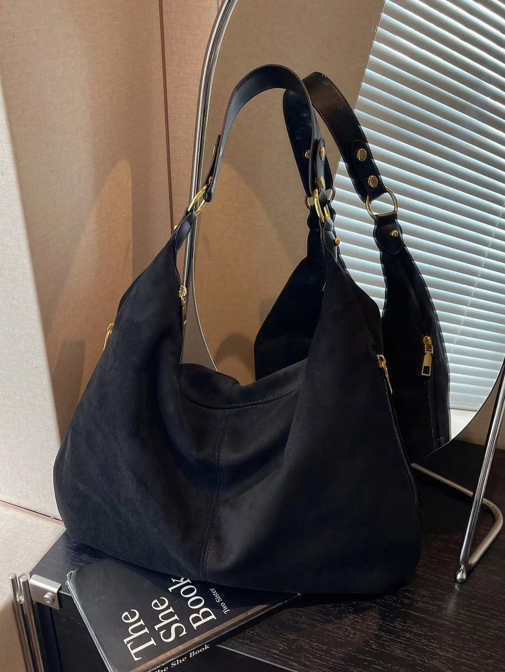 Black Faux Leather Shoulder Bag  Zipper Closure