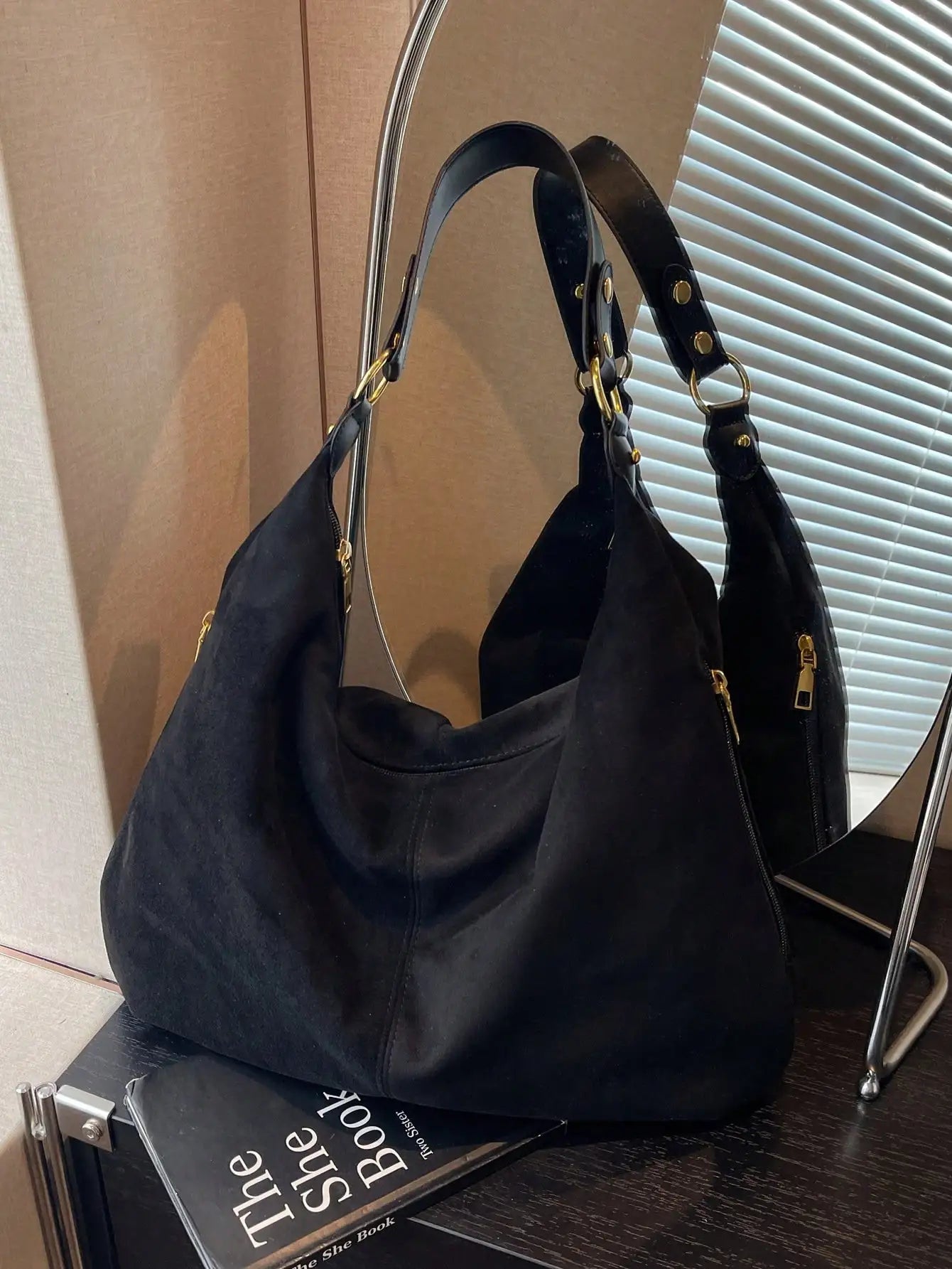 Black Faux Leather Shoulder Bag  Zipper Closure