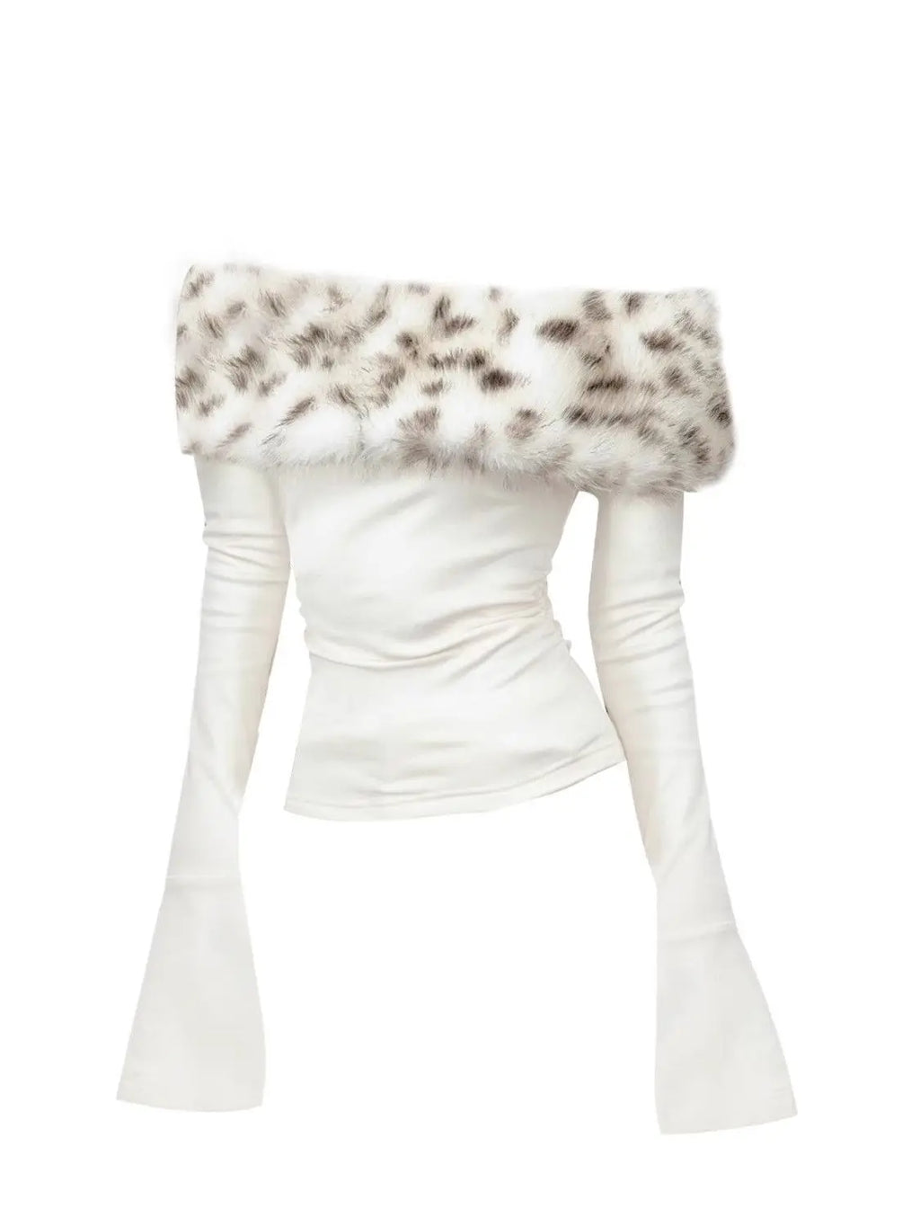 Luxury Fur Graphic Long sleeve T shirt Off shoulder White Shirt