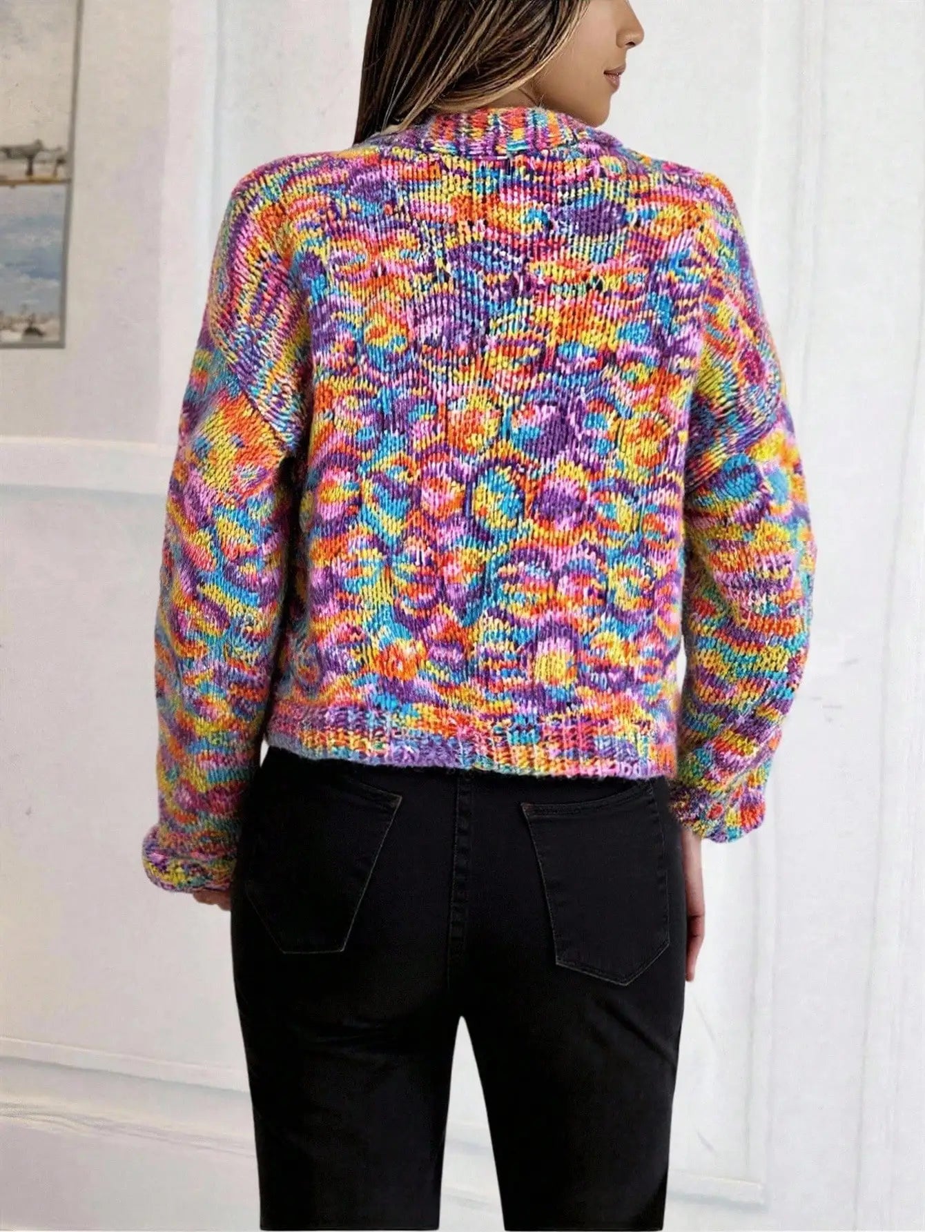 Multicolor Knit Cardigan Abstract Pattern, Long Sleeve Casual FOR Women