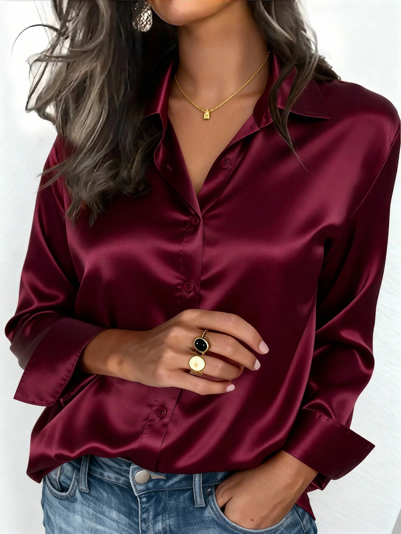 Women's Satin Button-Up Blouse, Elegant Collared Shirt